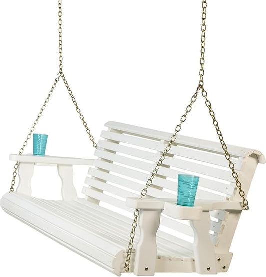 Amish Casual 4 Foot Roll Back Porch Swing with Cup Holders in Semi-Solid White Stain - Amish Made in The USA from Treated Pine Heavy Duty 700 Lb. Weight Capacity