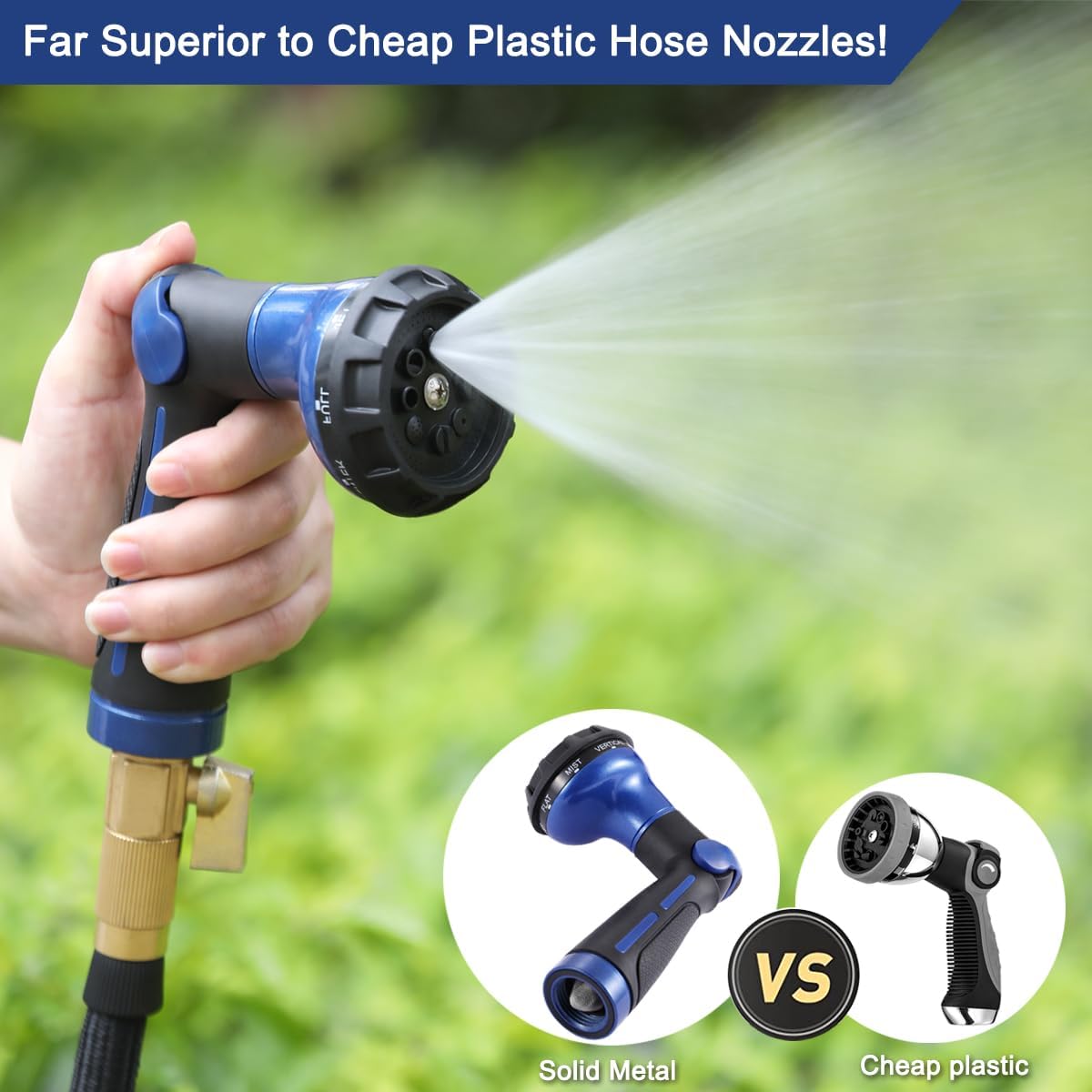 FANHAO Garden Hose Nozzle 100% Heavy Duty Metal Water Hose Sprayer with 8 Spray Patterns, High Pressure Spray Nozzle with Thumb Control, On Off Valve for Watering Plants, Washing Cars & Pets, Blue