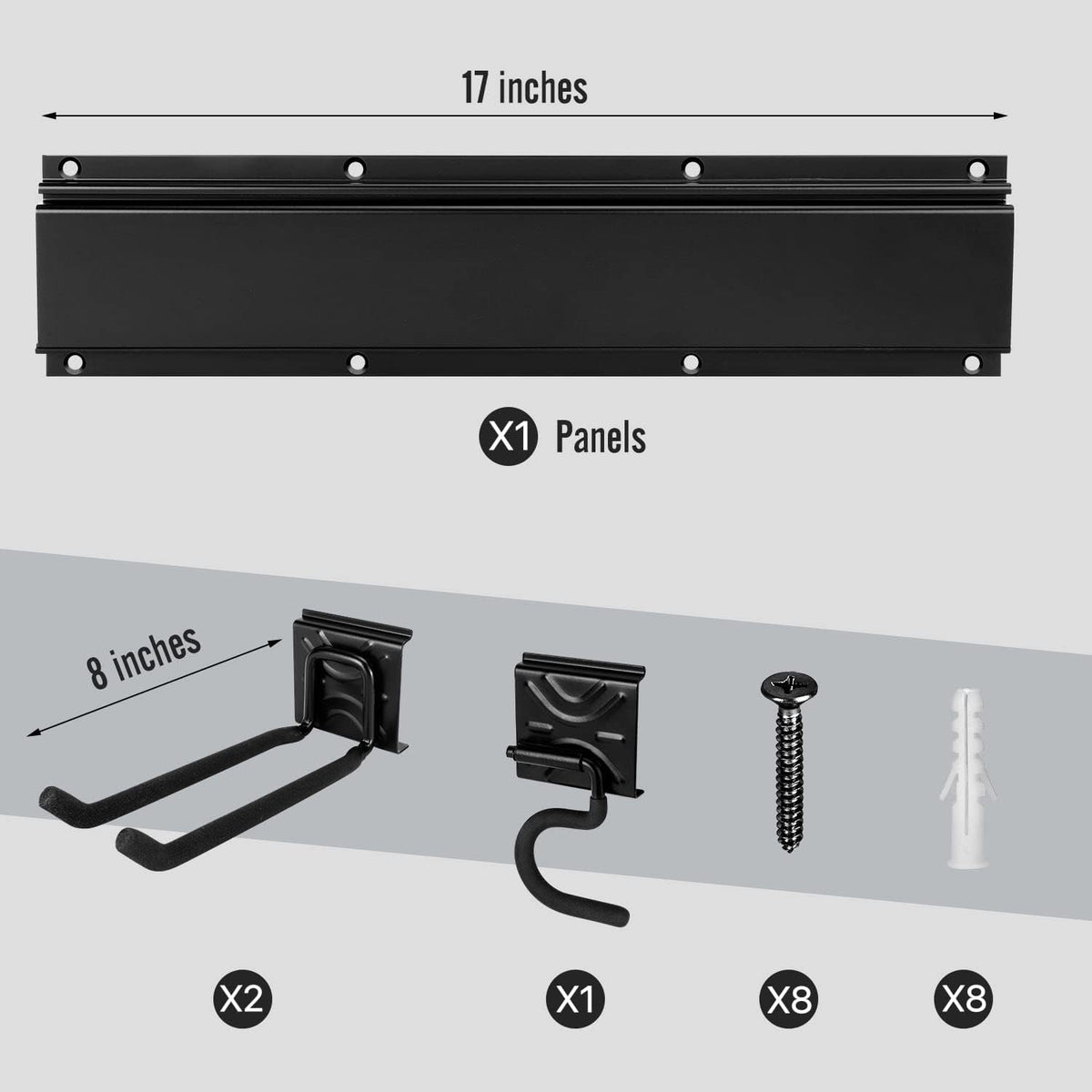 Tool Rack Kits, Garage Wall Organization Hanger with 1 Mop Hook and two 8-inch Multi-Purpose Hooks, Garden Yard Shovels Rakes for String Hedge Trimmer Brooms Hoses Folding Chairs ladders, and More
