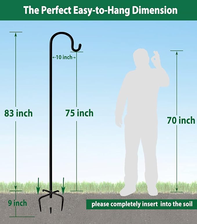 Artibear Adjustable Outdoor Shepherd Hook Stand with 5 Prong Base, 92 Inches Tall 3/5 in Thick, Shiny Black (2 Packs)