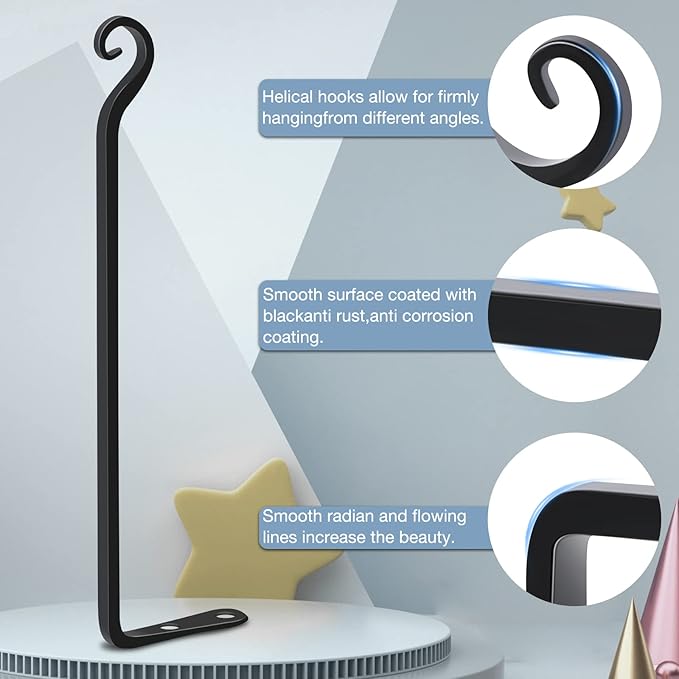 Gtongoko 2 Pack 15 Inch Plant Hangers Outdoor Metal Hanging Plant Bracket Bird Feeder Wall Hooks for Hanging Flower Basket, Wind Chimes, Solar Lanterns, Black