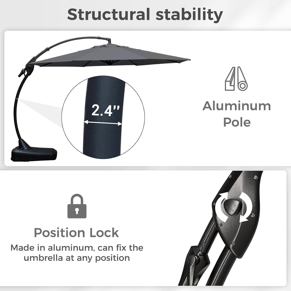 Grand patio 12 FT Sunbrella Cantilever Umbrella with Base Outdoor Aluminum Offset Umbrella with Tilt Adjustment (Charcoal, 12 FT-SUNBRELLA)