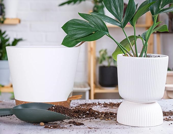 12+12Inch 2Pack Large Flower Pots for Indoor/Outdoor Plants,Self Watering Planters with Reservoir and Drainage Hole White Plastic Planting Pots Modern Home Decor Gift Idea