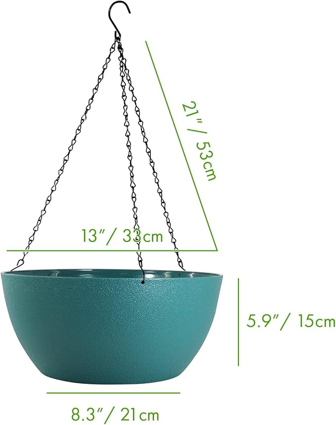 13 inch Large Hanging Planters Plant Pots for Outdoor Indoor Plants with Drainage Holes and Chain, 2 Pack Round Hanging Flower Pots for Garden Home Porch Decor, Blue Green