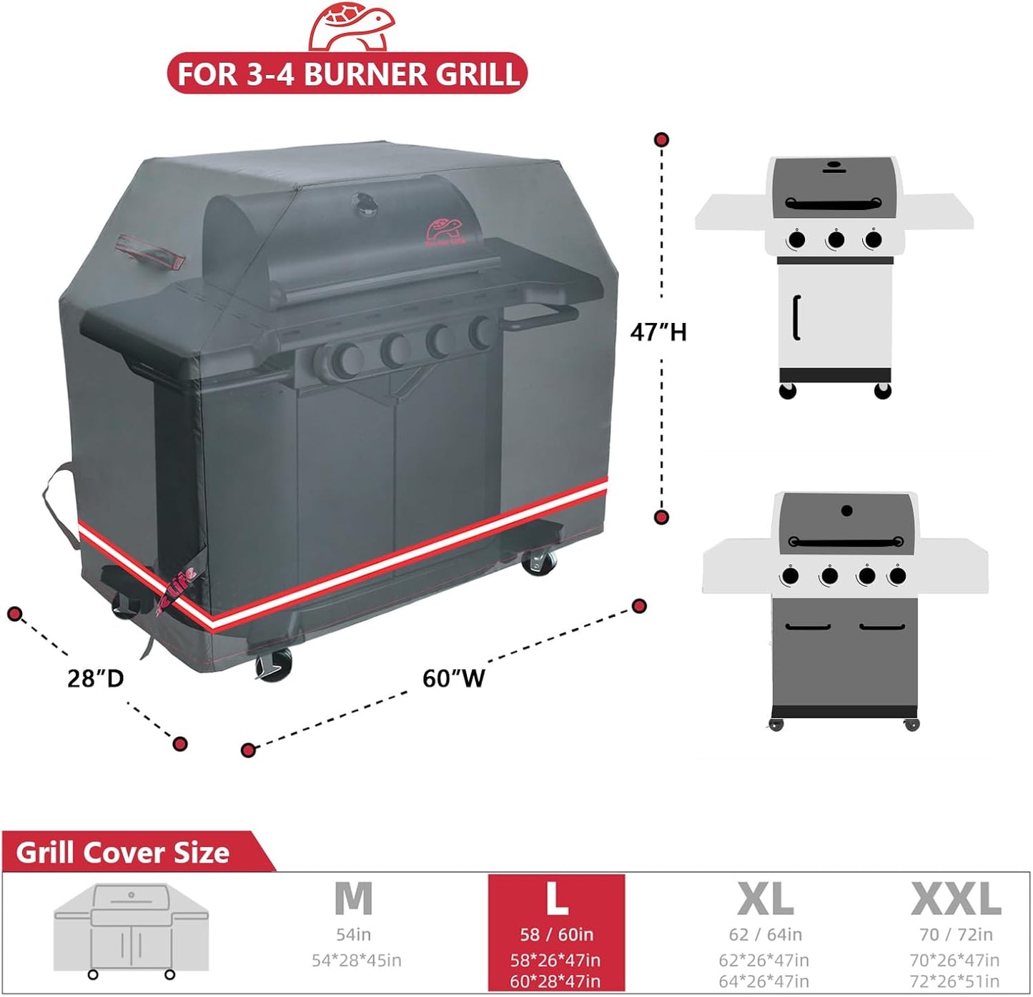 BBQ Grill Cover, 60 Inch Heavy Duty Waterproof 3-4 Burner Barbecue Gas Grill Covers for Weber Genesis Char-Broil Nexgrill Deluxe, Black