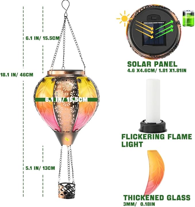 Hot Air Balloon Solar Lantern - Stained Glass Lantern with Simulated Flickering Flame, Outdoor Hanging Yard Light Waterproof IP65 & Weather Resistant for Garden Patio Lawn Porch Decor Gfit