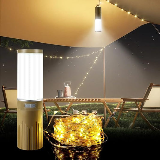 Camping Lantern with 49.2FT String, 2 in 1 Outdoor Warm White String Lights with 4 Modes & 5 Modes Rechargeable Camping Lamp IPX4 Waterproof Portable LED Tent Light for Outdoor Yard Garden Decoration