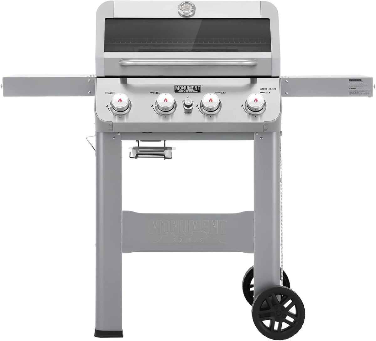 Monument Grills 4-Burner Liquid Propane Gas Grill, Silver Stainless Steel Grill Outdoor Patio Garden Barbecue Grill with Clearview® Lid and One Foldable Shelf, Mesa400MF