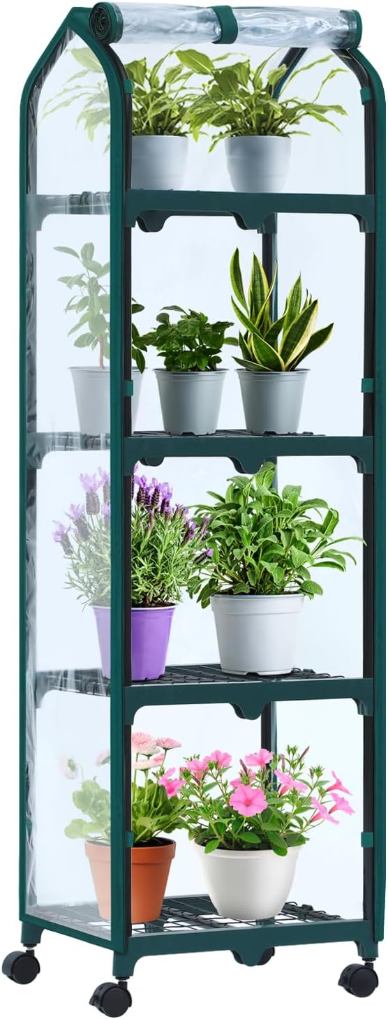 Ohuhu Mini Greenhouse for Indoor Outdoor, Small Plastic Plant Green House with Locking Wheels Portable Greenhouses with Durable Cover for Seedling, Ideal Gardening Gifts for Women Men Transparent