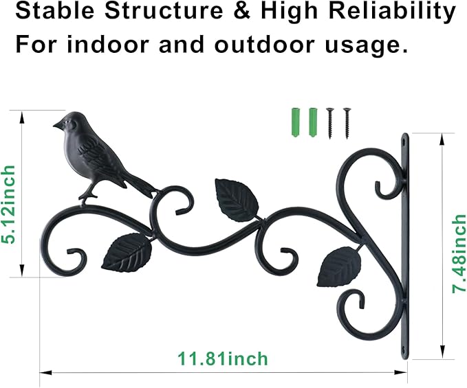 Hanging Plants Bracket 12" Bird Planter Outdoor Hooks Hangers for Flower Baskets Pot Bird Feeder Wind Chimes Lanterns Patio Garden Outdoor Indoor Metal Black, 4 Packs