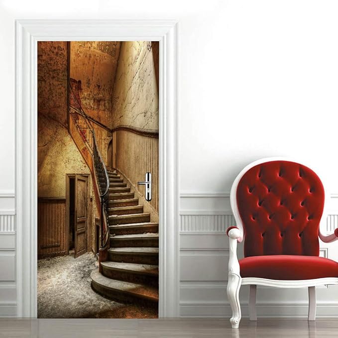 3D Door Wallpaper Self-Adhesive Door Sticker - Old Stairs - Door Film Poster Premium PVC Waterproof Wall Sticker for Bedroom Living Room Door Decoration Wallpaper 95 x 215 cm