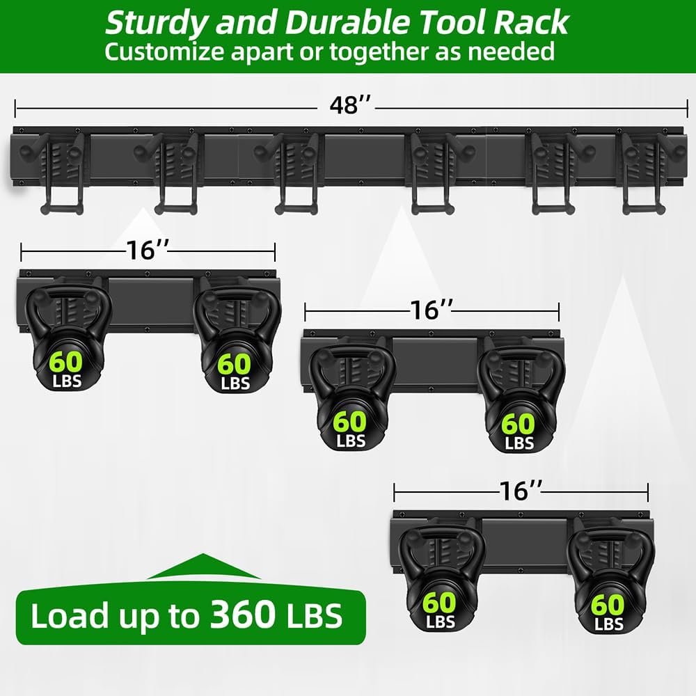 Garage Tool Organizer Wall Mount with 48 inches Rails and 6 Double-layer Hooks, Garden Tool Rack Heavy Duty, Garage Hanging Storage Rack For Yard Tools, Shovel, Shed
