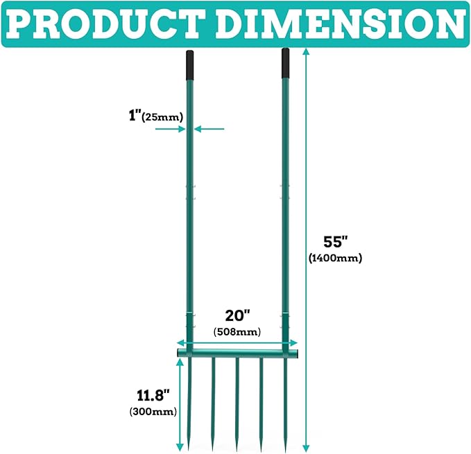Broad Fork Garden Tool, 5 Tines 20 in Broadfork Hand Tiller, 55 inch Heigh Pitch Fork, Ergonomic U-Shaped Design, Spading Digging Fork for Gardening, Cultivating, Aerate Clay Soil for Farm