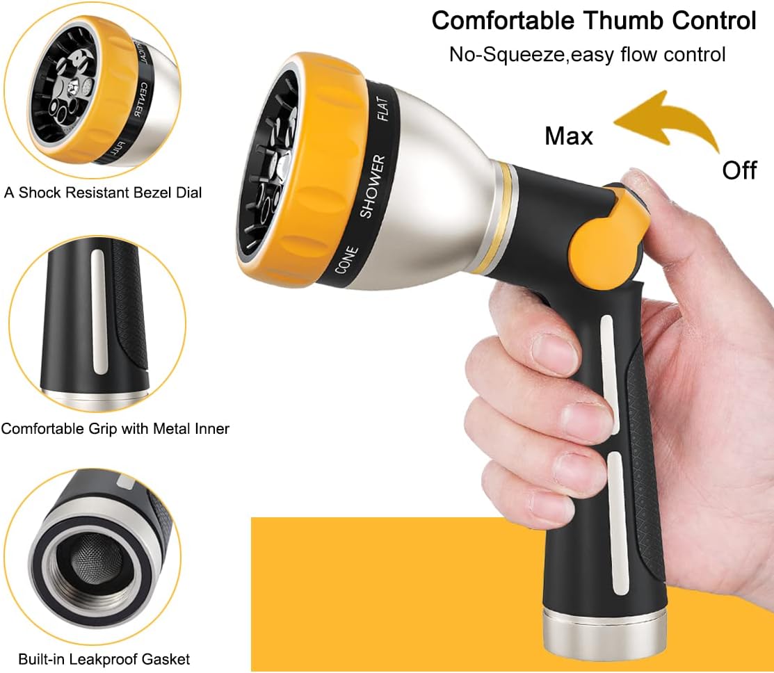 FANHAO Garden Hose Nozzle, 100% Heavy Duty Metal Spray Nozzle with Thumb Control, High Pressure Water Nozzle with 8 Adjustable Spray Patterns for Watering Plants, Washing Cars and Showering Pets