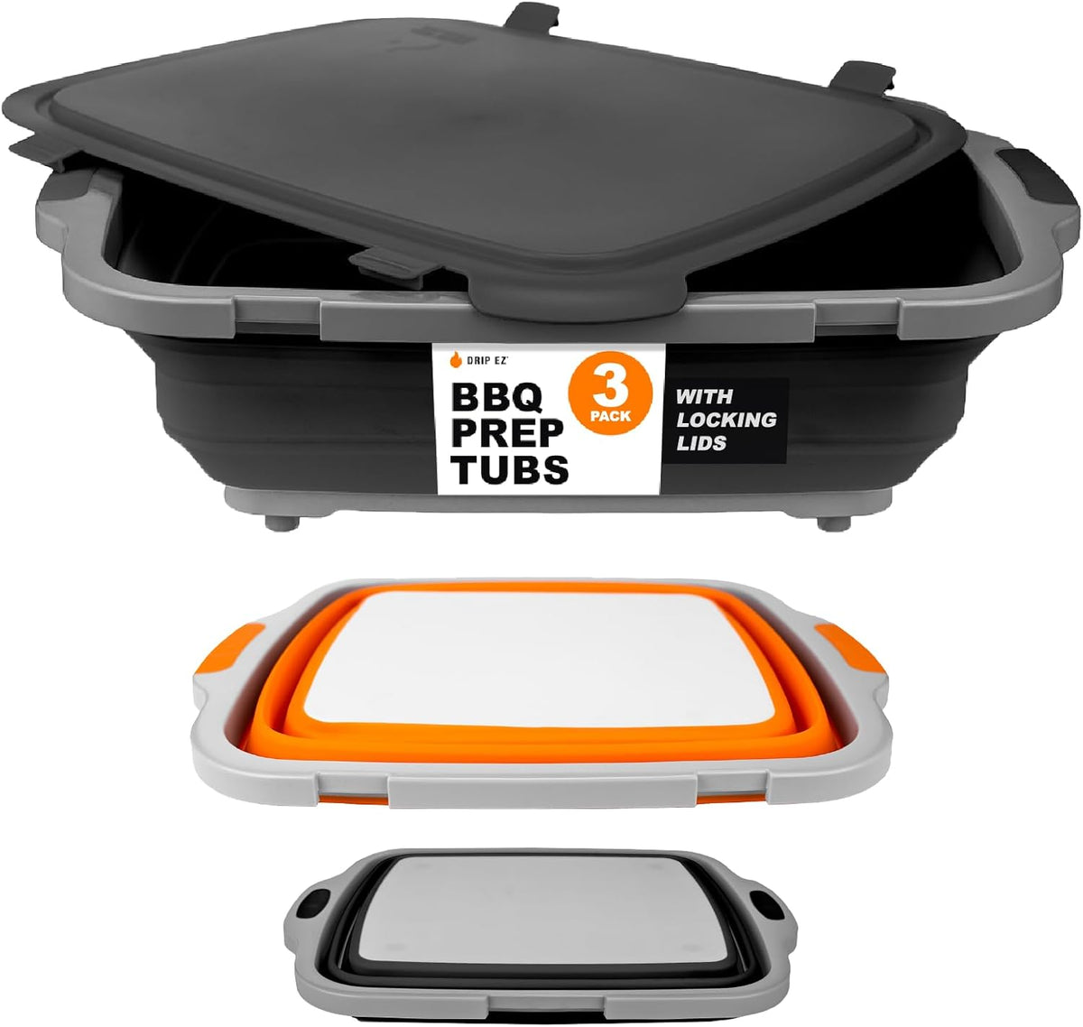 Drip EZ Collapsible BBQ Prep Tubs 3-Piece Set- For Meal Prep Marinating Food Storage - Includes Cutting Board & Lid - (1) JR - Black + (1) OG - Orange + (1) XL - Black