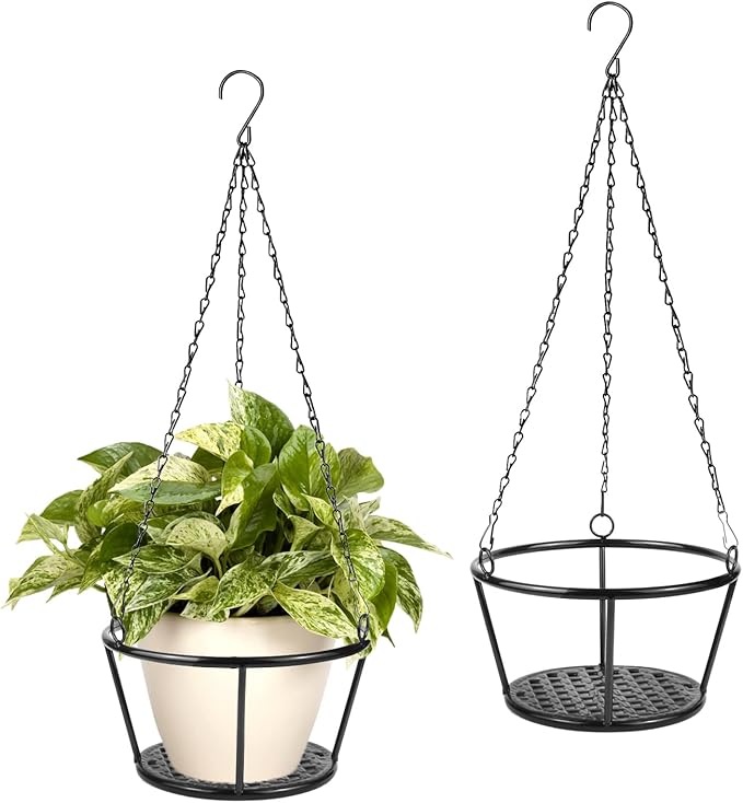 ARTORA 2 Pack Metal Plant Hanger, Modern Plant Hanging Basket Decorative Black Plant Pot Holder Flower Planter Hanging Chain for Balcony Porch Indoor Outdoor Home Decor (Black 2PCS)