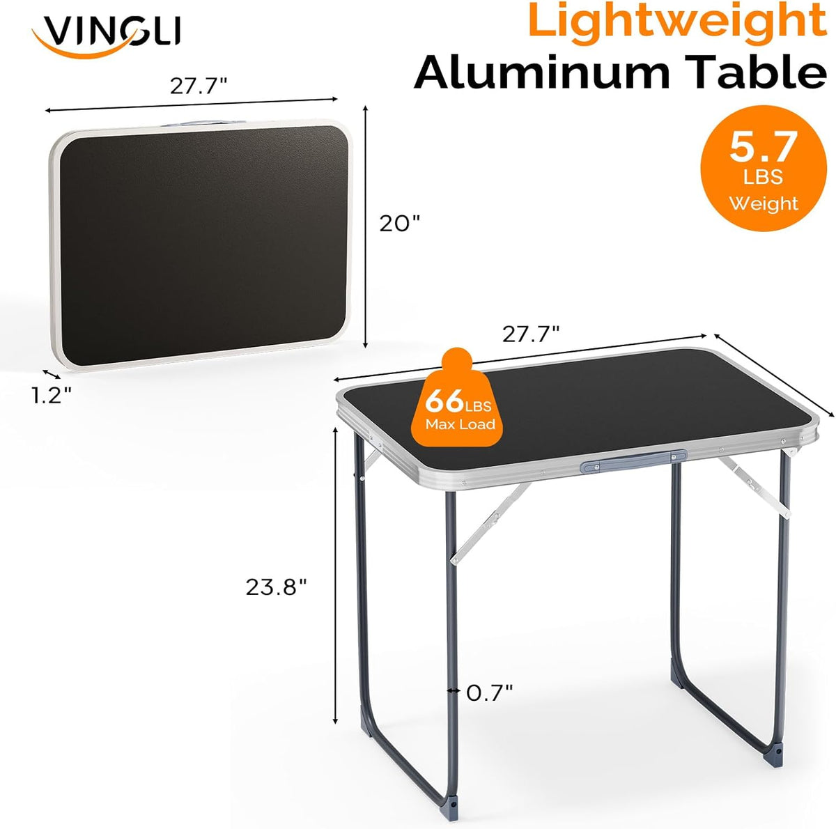 VINGLI 2.3FT Small Camping Table，Portable Camping Table with Carrying Handle, Picnic Table Foldable Table Essentials for Indoor Outdoor