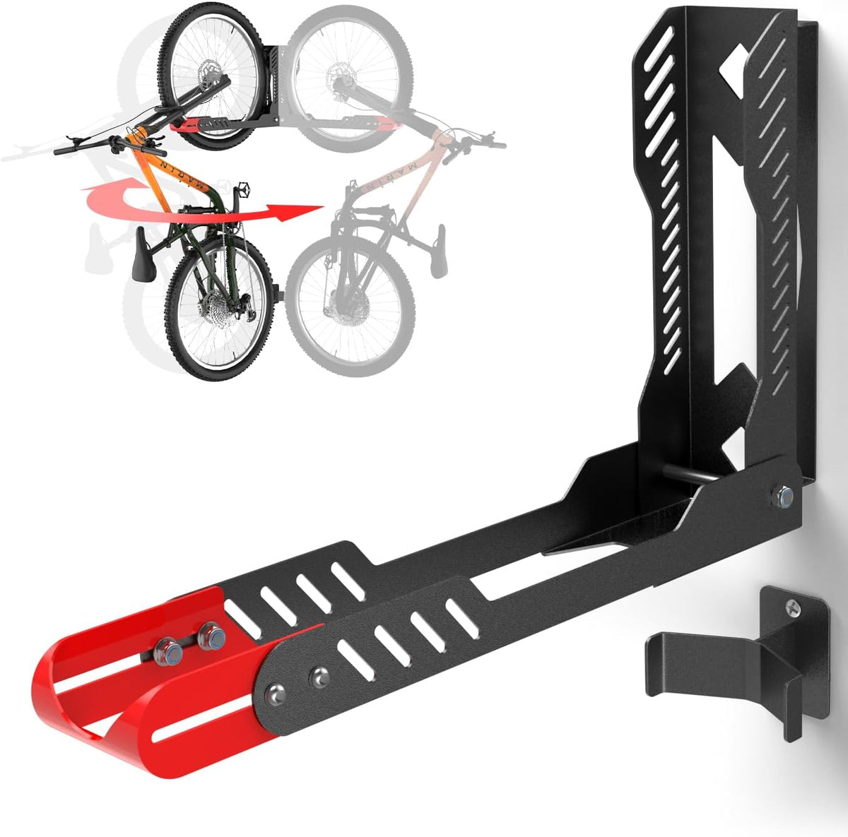 Swivel Bike Wall Mount, Space Saving Bike Rack Garage, No Heavy Lifting Required Bicycle Wall Mount, Vertical Wall Bike Hanger Can Holds up to 77 lbs, Red