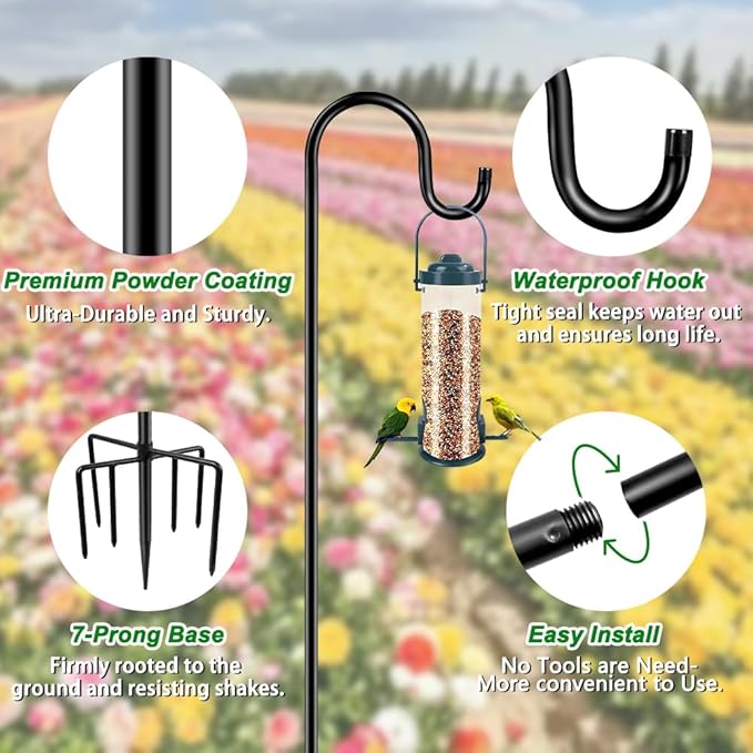 60" Shepherds Hooks for Outdoor, Heavy Duty Bird Feeder Pole for Hummingbird Feeder, Hanging Lantern, Shepherds Hook for Bird Feeders for Outside with 7 Prongs Base,1 Pack