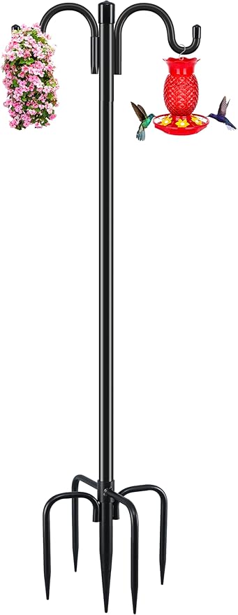 Gtongoko Double Shepherds Hook for Outdoor, 77 Inch Heavy Duty Bird Feeder Pole 3/4 Inch Thick Garden Hooks for Hanging Hummingbird Feeder, Plant Baskets, Solar Light Lanterns, 1 Pack