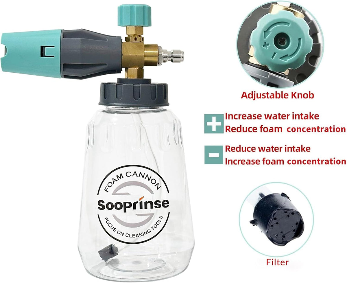 Sooprinse Short Pressure Washer Gun With Foam Cannon, High Pressure Snow Foam Lance, 1/4 Inch Quick Connector, Power Washer Blaster, Car Wash Mitt, 3000 PSI, 1 Liter