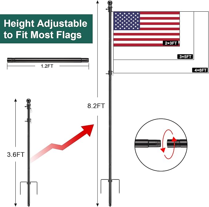 Barcetine 4-Pack Ground Flag Pole Kit - 8.5FT Tangle Free with Anti-Tip Stand Prong -1 inch Heavy Duty Portable Inground Flag Holder for Yard Garden Outdoor, Bonus 3x5 US Flag, Black