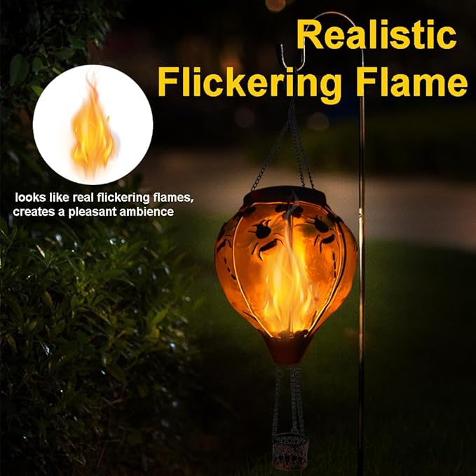Hot Air Balloon Solar Lantern with Flickering Flame, Glass Hanging Garden Lights Outdoor Waterproof for Tree Yard Patio Mother's Day Gift, 18" H Bee
