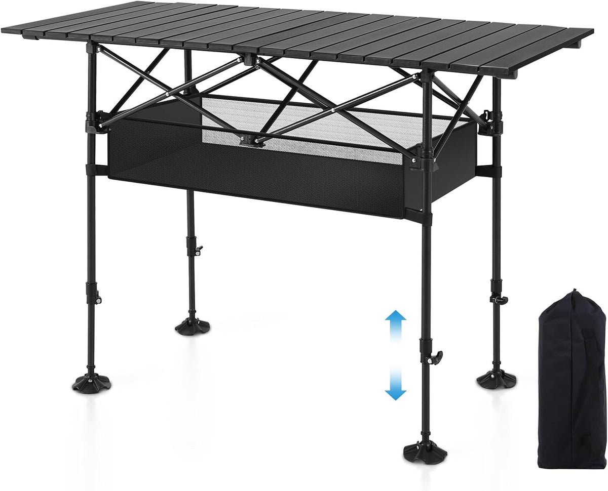 LET'S CAMP Folding Camping Table, Portable Aluminum Roll-up Picnic Backpacking Table with Adjustable Height, Large Storage and Carrying Bag for Picnic, Camping, BBQ, Party, Backyard, Beach