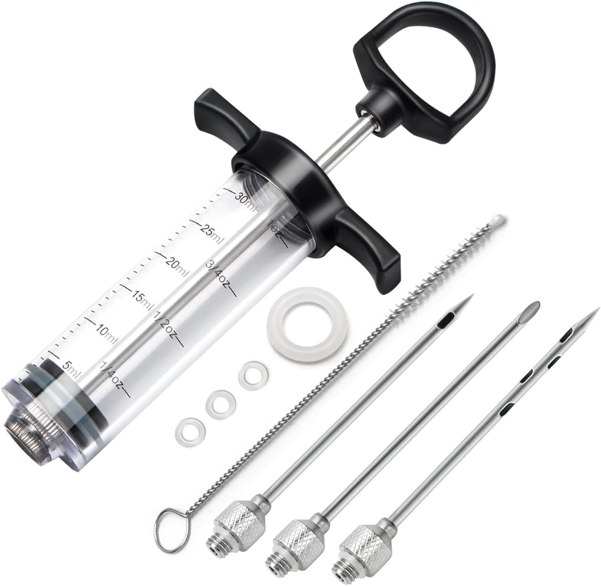 Plastic Meat Injector Kit for Smoker with 3 Flavor Food Syringe Needles, Ideal for Injecting Marinade into Turkey, Meat, Brisket; 1-OZ; Including Paper User Manual, Recipe E-Book (PDF)