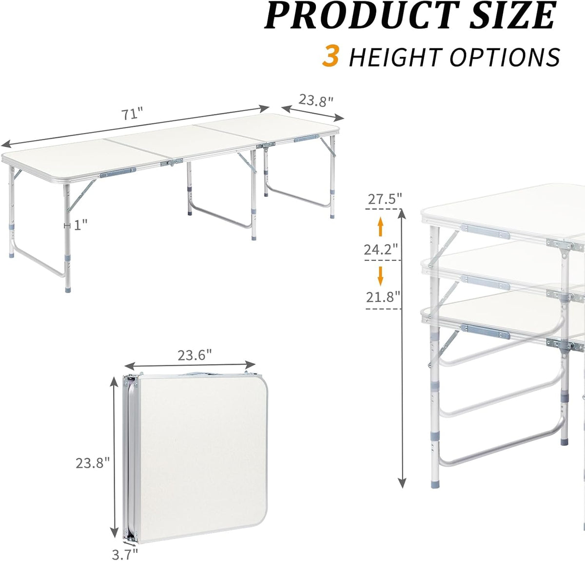 Outvita 6ft Portable Folding Camping Table, Outdoor Waterproof Adjustable Height Table, Aluminum Lightweight Suitcase Foldable Table for Picnic BBQ Beach Dining
