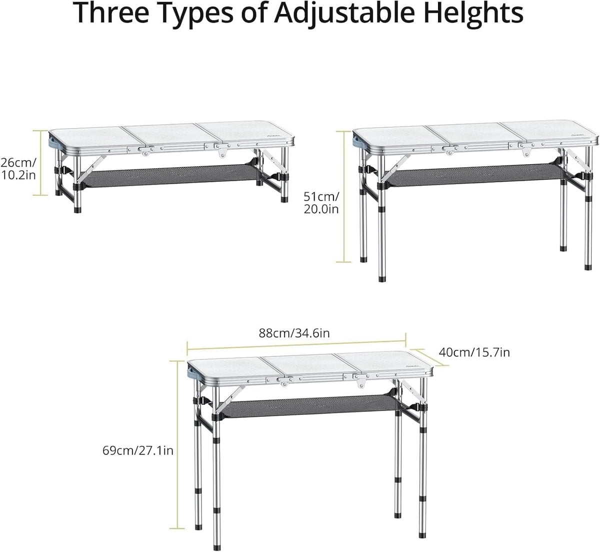 Folding Camping Table with Storage Net, 3ft Camping Table Aluminum Folding Table with 3 Adjustable Height Max 27.1 Inch, Portable, for Outdoor Backyard BBQ, Silver