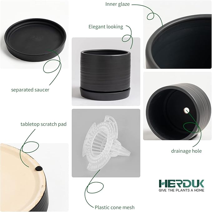 6 Inch Plant Pots, Ceramic Planter Pot with Drainage Hole & Saucer, Indoor/Outdoor Cylinder Round Planter Pot, Matte Black