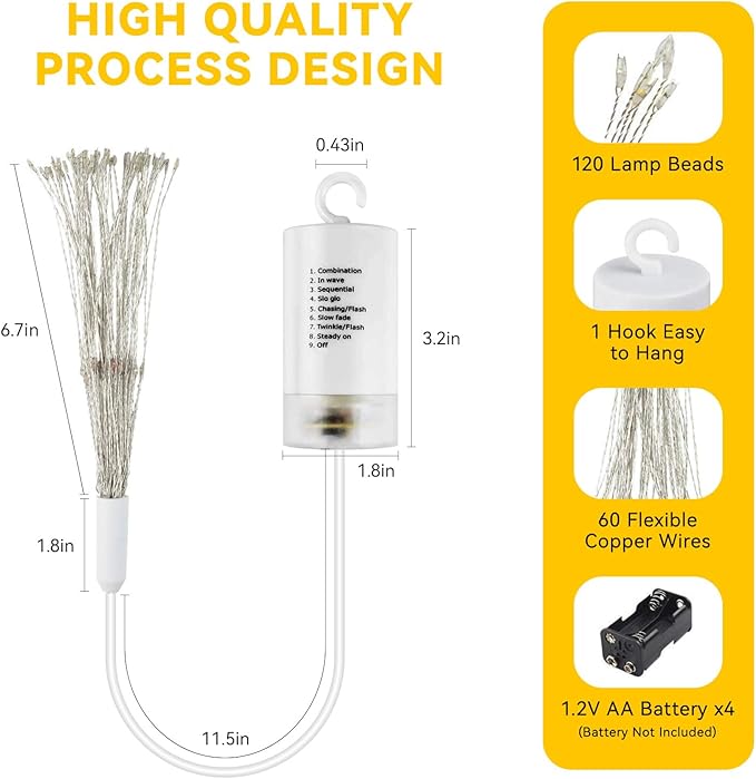 8 Pack Firework Lights 120 LED Copper Wire Firework Lights, 8 Modes Dimmable String LED Lights with Remote Control,Waterproof Hanging Fairy Lights for Party,Home,Christmas,Garden Outdoor Decoration