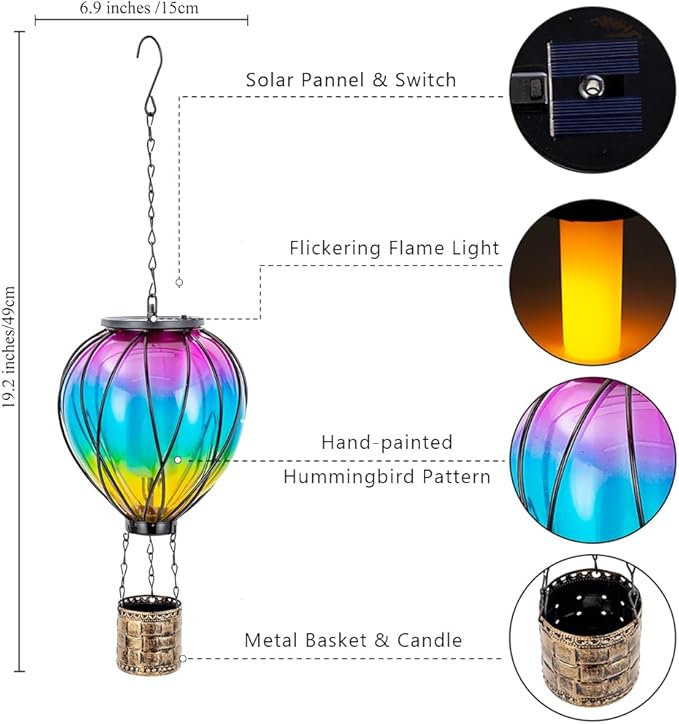 Hot Air Balloon Solar Lantern, 2 Pcs Solar Hot Air Balloon with Flickering Flame, Hanging Outdoor Lantern Waterproof Decor for Patio, Garden, Porch