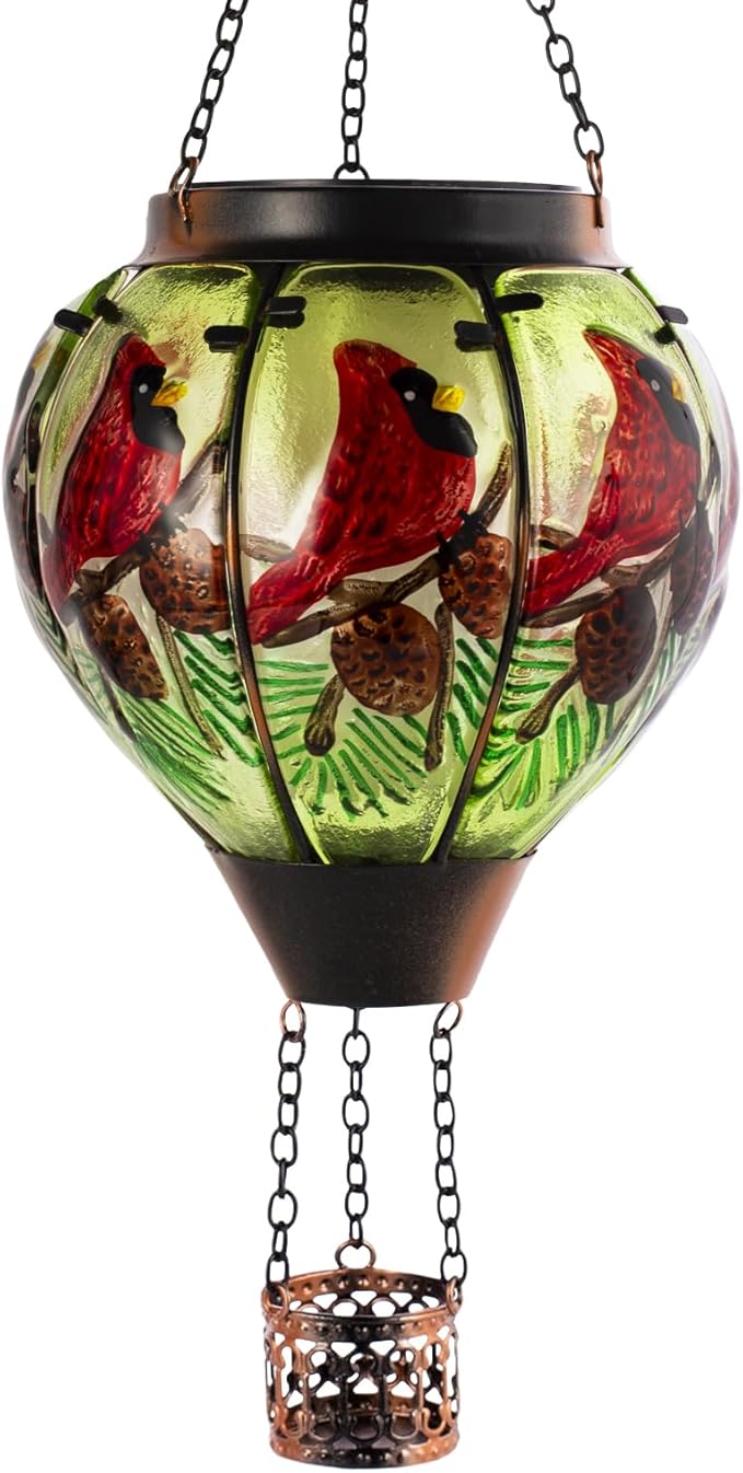 Cardinal Solar Hot Air Balloon Lantern with Flame, Glass Hot Air Balloon Solar Lantern Outdoor Waterproof, Hanging Hot Air Balloon Solar Light, Cardinal Gifts for Mom Woman Christmas