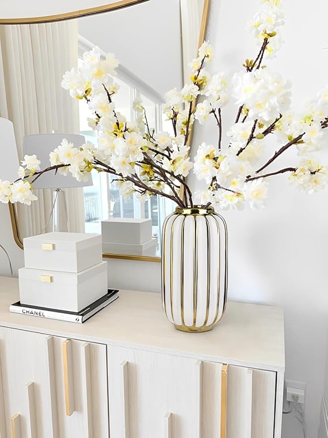 Briful Gold Plated Lantern Ceramic Vase Home Decor Creative Design Porcelain Decorative Flower Vase 11.02'' White Ceramic Vases for Wedding Anniversary Decoration