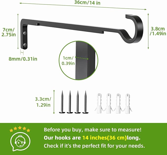 14.17 Inch Black Heavy Duty Outdoor Plant Hangers for Hanging Baskets, Iron Hanging Plant Brackets for Hanging Plants Outside, Metal Plant Hooks Plant Wall Hooks for Hanging Lantern (2 pcs)
