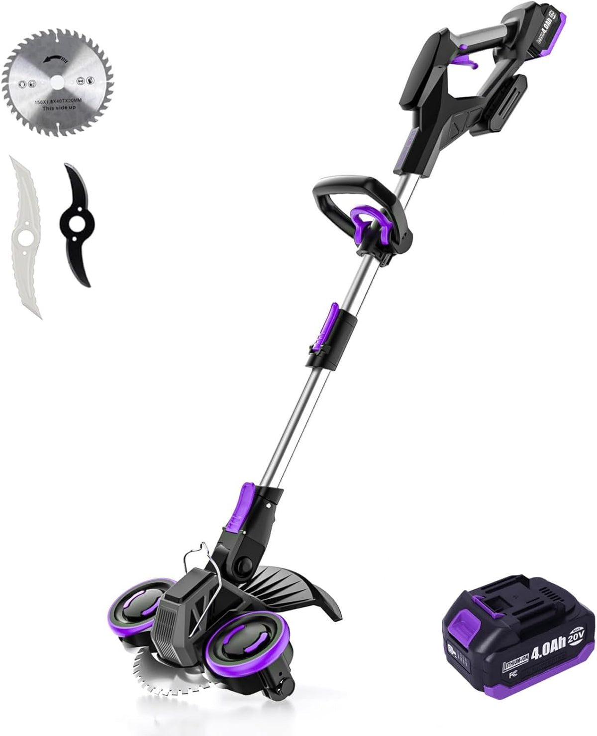 Weed Wacker Cordless, GearBrushless™, 3-in-1 Edger/Mower/Trimmer with Blade, 20V Battery Powered, 60 Min Runtime (with One Battery)