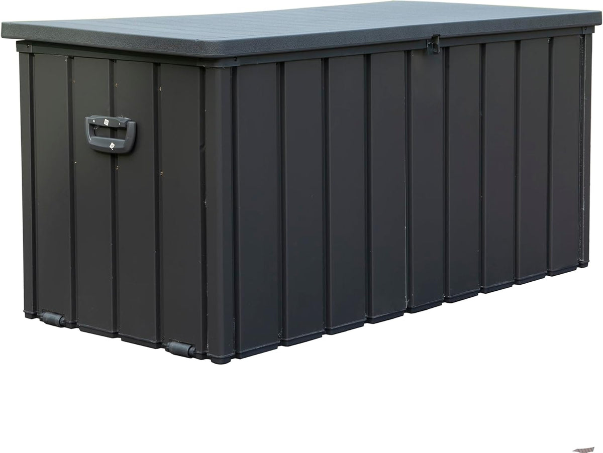 KUIKUI 100 Gallon Deck Box Waterproof, 100 Gallon Outdoor Storage Box, Metal Deck Box Waterproof for Pool Patio Cushions and Sports Pools Equipment, Dark Gray