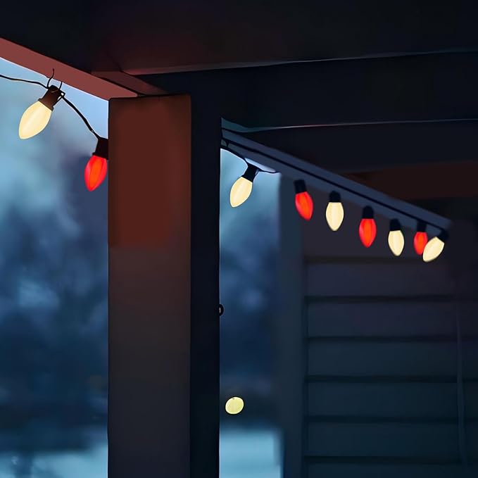 C7 LED Red and White Christmas Lights, 25Ft Outdoor Christmas String Lights with 27 LED Red and White Plastic Bulbs, Vintage Christmas Light for Outside Patio Christmas Tree Cafe Party House Decor