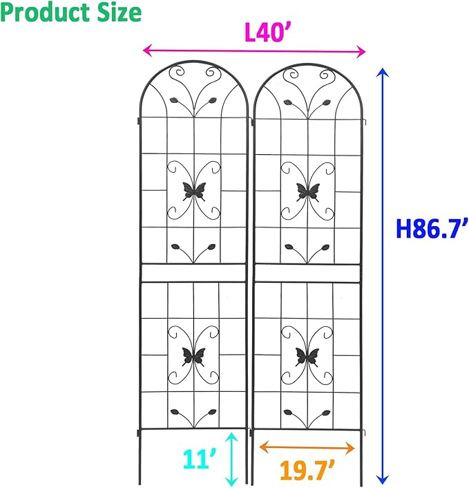 2 Pack Metal Garden Trellis 86.7" Black Fence Rustproof Garden Trellis for Climbing Plants Support Roses Flower Outdoor Lawn, Black