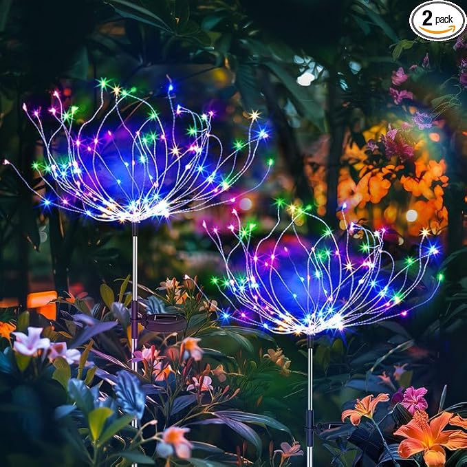 Anordsem Solar Garden Lights Solar Lights Outdoor Decor Lights DIY Dimmable Multi-Color Artificial Tree Solar LED Fireworks Stake Lights Auto ON-Off for Garden Pathway Christmas Halloween 2-P