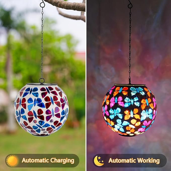 Hanging Solar Lanterns Outdoor Waterproof, Decorative Mosaic Butterfly Solar Lantern, Gazing Ball Globe Hanging Lantern for Patio Garden Yard Home Decor