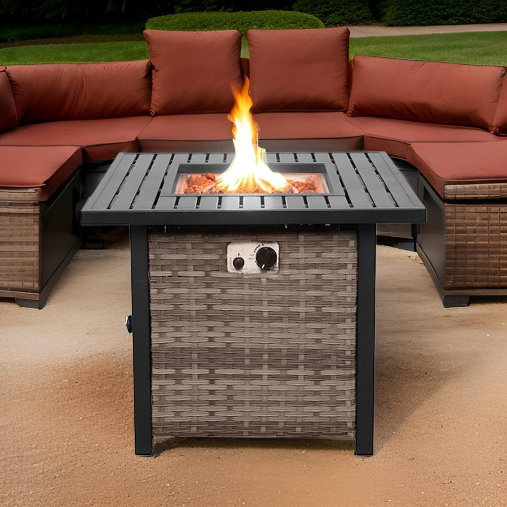 Basel Propane Fire Pit Table 30” Outdoor Firepit 50,000 BTU Firepits for Outside with Lava Rocks and Removable Lid Metal Fire Pit Outdoor Fireplace Propane Fire Pits for Outside CSA Certified