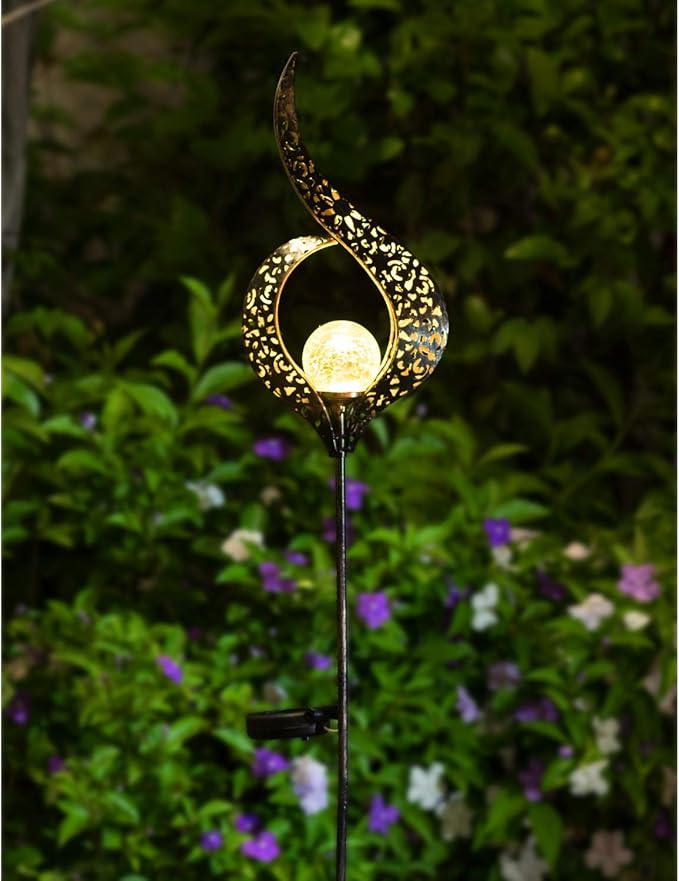 HOMEIMPRO Outdoor Garden Solar Lights Stake，Crackle Glass Globe,Metal Flower Waterproof LED Fairy Lights for Pathway,Lawn,Patio or Courtyard,Gardening Gift (Bronze)