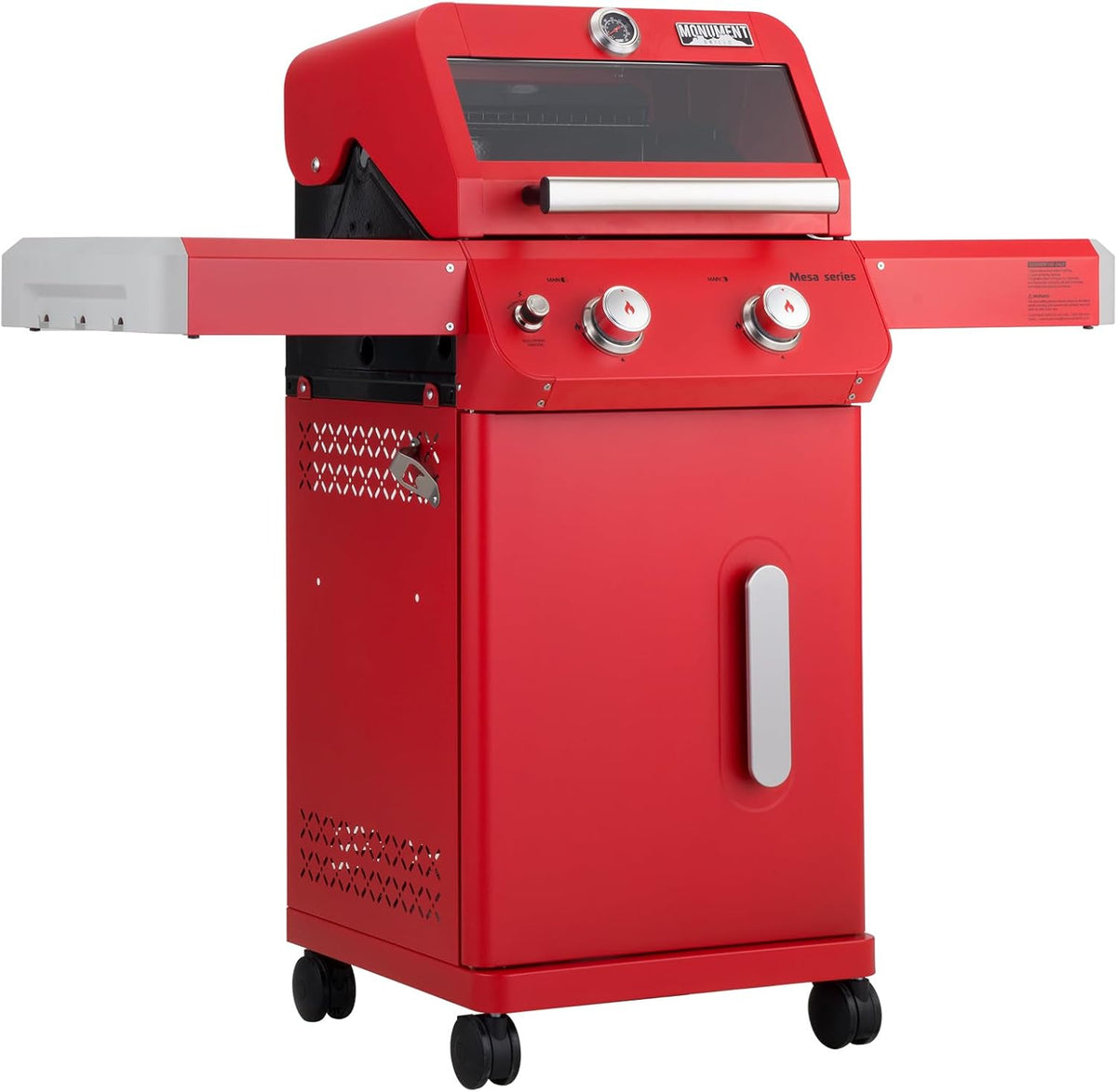 Monument Grills 2-Burner Stainless Steel Liquid Propane Gas Patio Garden Barbecue Grill with Clearview® Lid, Knob Control and Two Foldable Shelves Mesa200R, Red