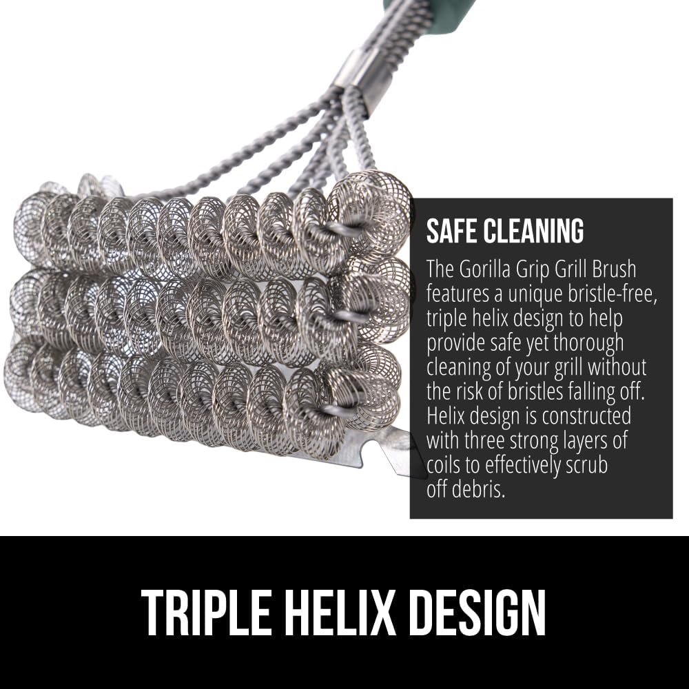 GORILLA GRIP Heavy Duty No Bristle Triple Helix Grill Brush with Scraper for Outdoor Grills, Safe Steam Cleaning, Oversized Comfortable Handle Grip with Bottle Opener, BBQ Tools, 17.5 Inch, Green