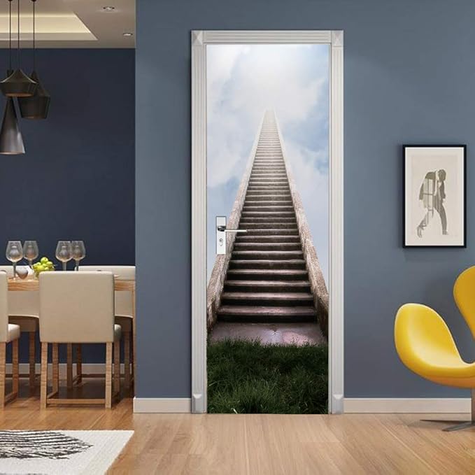 3D Staircase Door Stickers - Peel & Stick - Waterproof & Washable - Matt Finish - Modern Style - White - 37.4" x 78.7" (2 Parts)