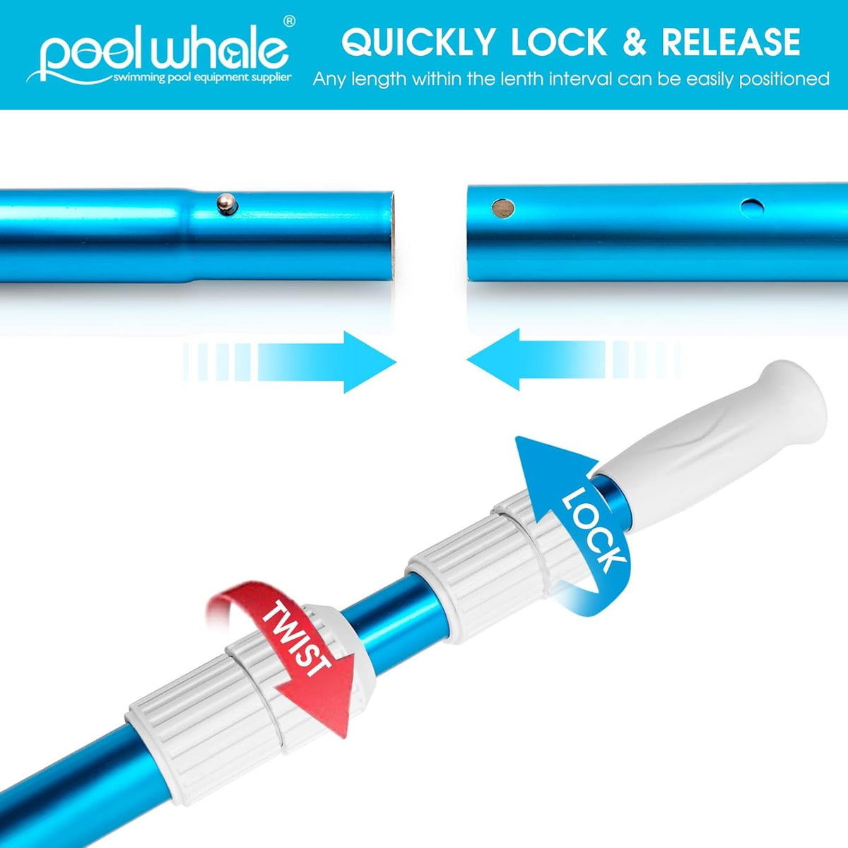 POOLWHALE Premium 15 Foot Telescopic Swimming Pool Pole, Adjustable 3 Piece Extendable Pool Cleaning Pole, Blue Anodized Aluminum - for Skimmer Nets, Vacuum Heads and Brushes