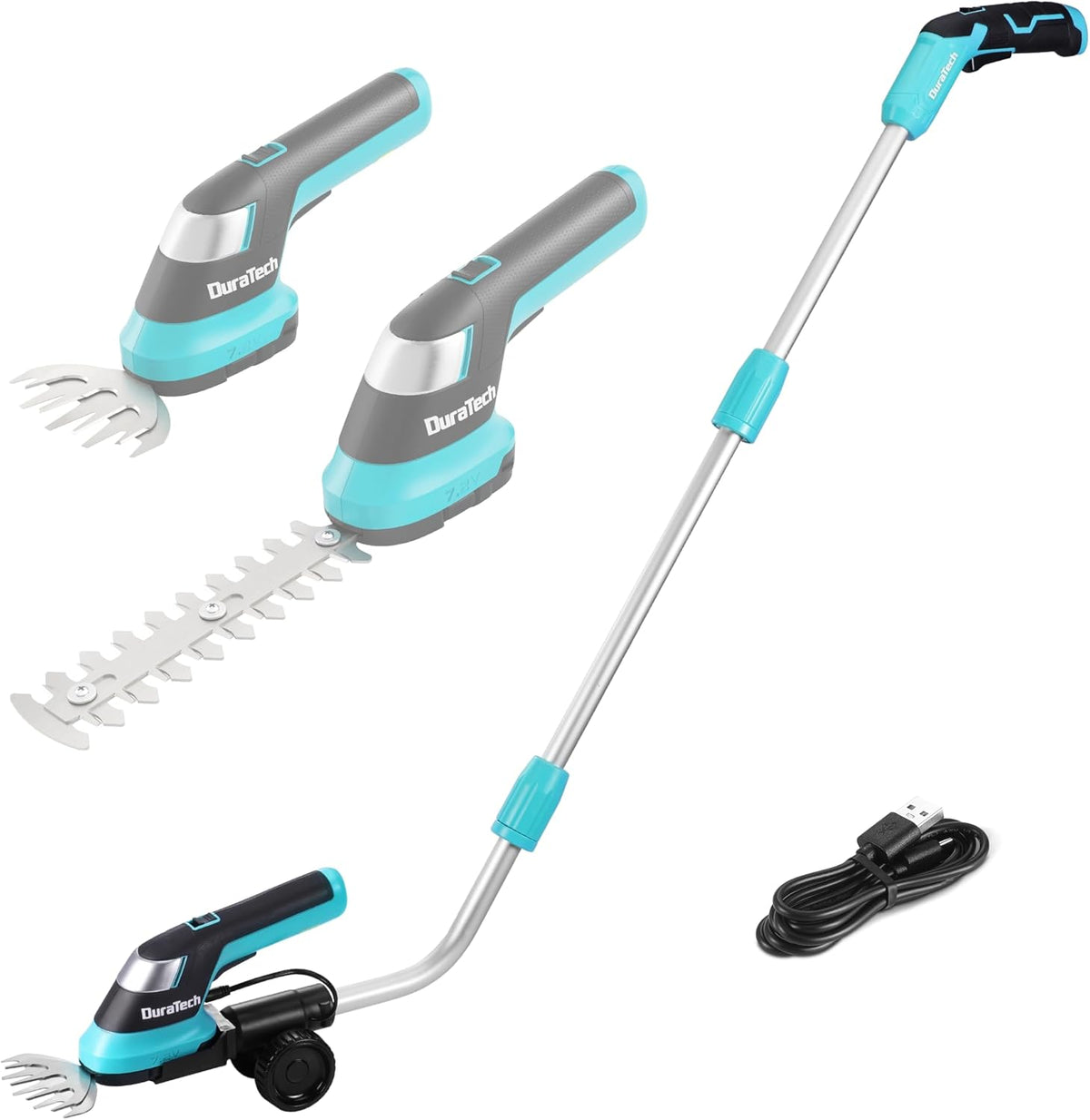 DURATECH Cordless Hedge Trimmer, 7.2V 3-in-1 Handheld Electric Grass Trimmer & Hedge Shears with 50" Wheeled Extension Pole, USB Type-C Cable and Built-in Li-ion Battery, for Garden, Yard and Lawn